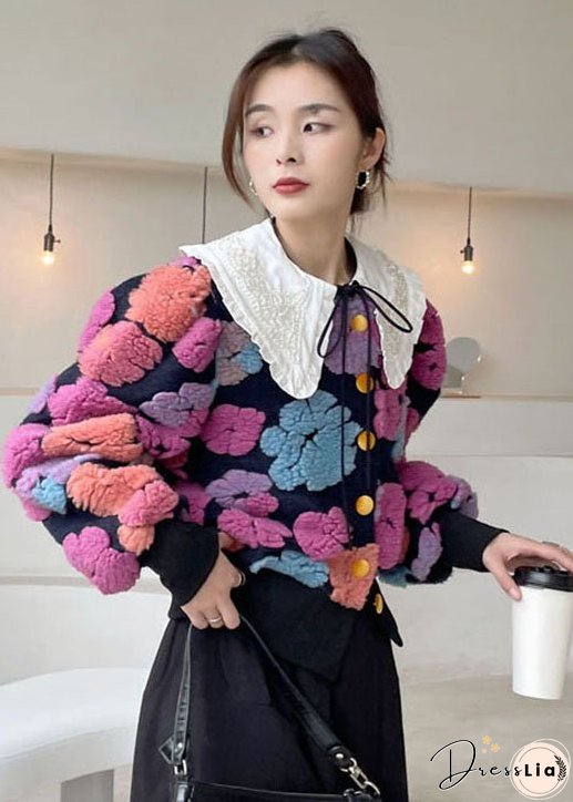Plus Size Rose flower Button Floral Faux Fur Winter Coat
