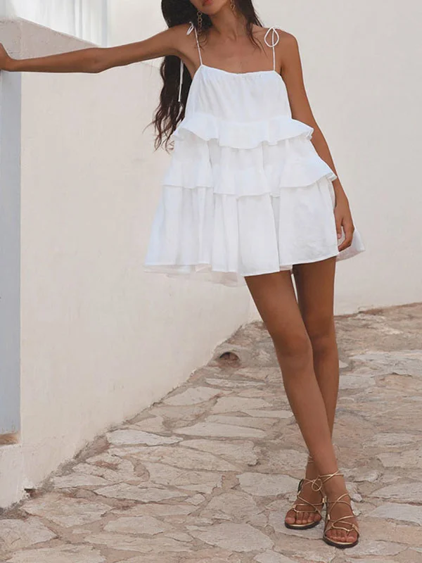 Spaghetti Strap V-Neck Backless Pleated Mini Dress
