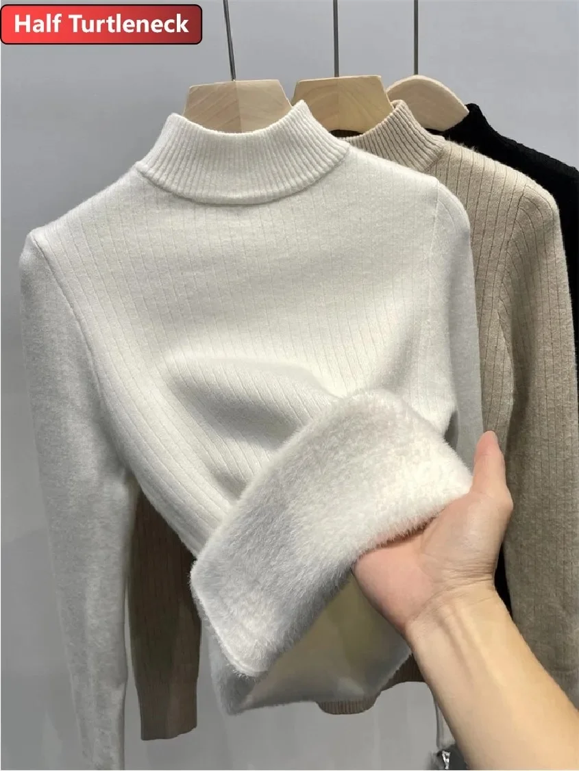 Uveng Warm Sweater Pullover Women Slim Thicken Plush Velvet Lined Knitwear Jumper Korean Half Turtleneck Poleras Soft Knit Tops