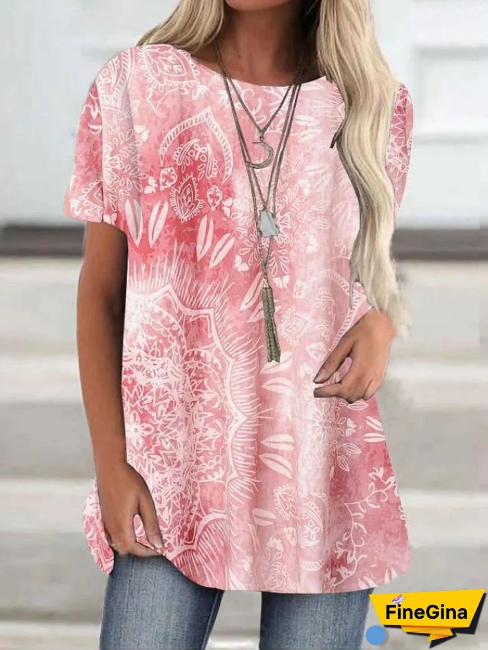 Women Short Sleeve Round Neck Floral Printed Top T-shirt