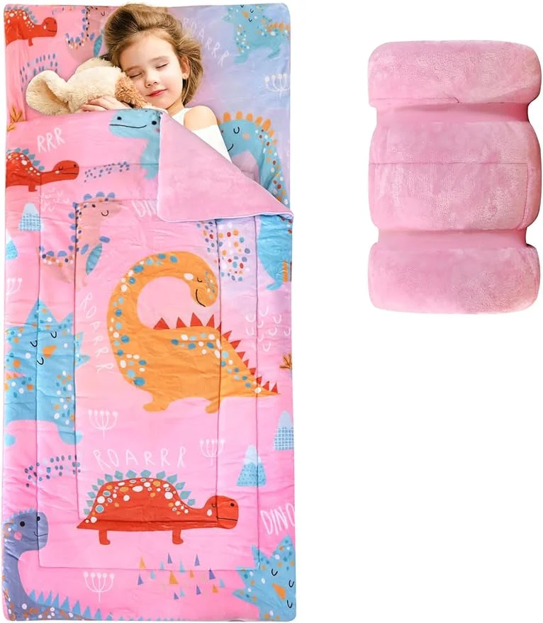 Pink Nap Mat for Girls Dinosaur Kids Sleeping Bag Unicorn Fleece-Lined Toddler Nap Mat for Preschool Flannel Kids Rolled up Nap Mats