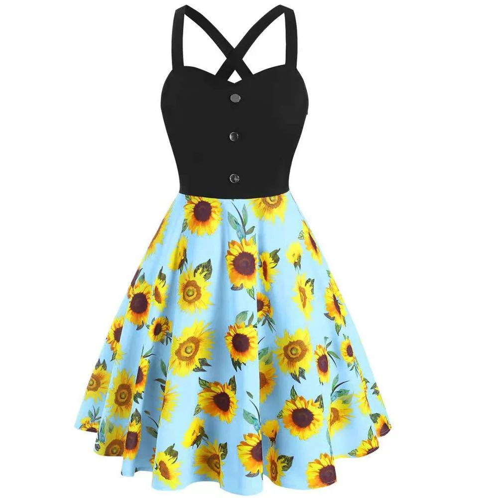 Women's Vintage Dress Sunflower Butterfly Backless Criss Cross Button Swing Dresses