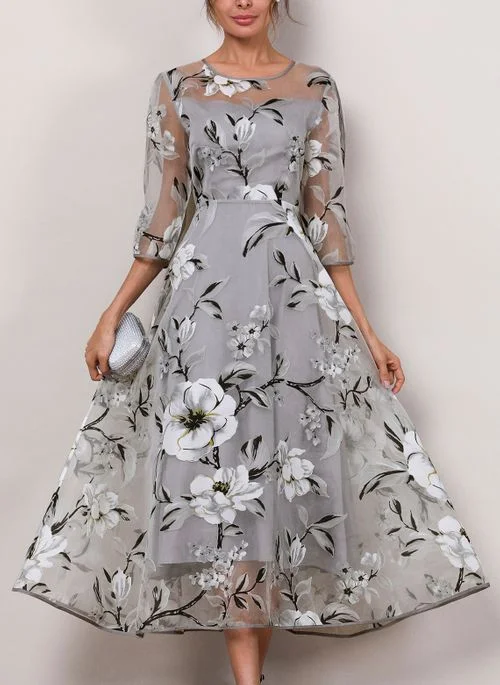 Plus Size Summer Formal Dresses Floral Round Neckline 3/4 Sleeves Midi X-line Dress