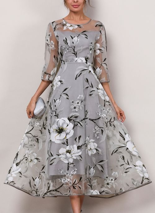 Plus Size Summer Formal Dresses Floral Round Neckline 3/4 Sleeves Midi X-line Dress