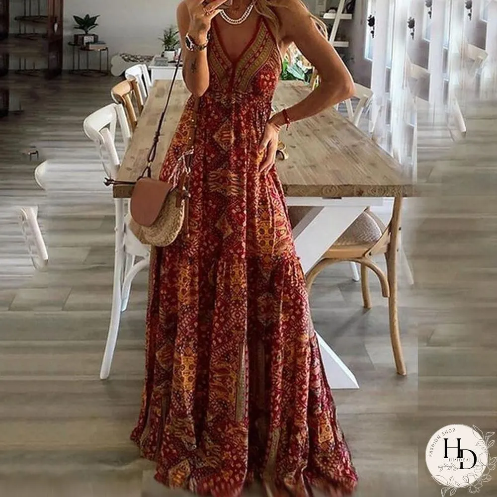 Bohemian V-Neck Sling Maxi Dress