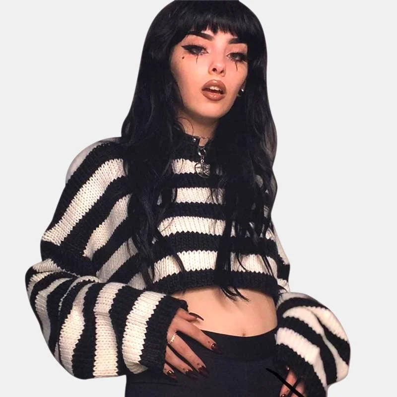 Black White Stripe Cropped Sweater