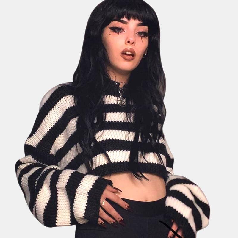 Black White Stripe Cropped Sweater