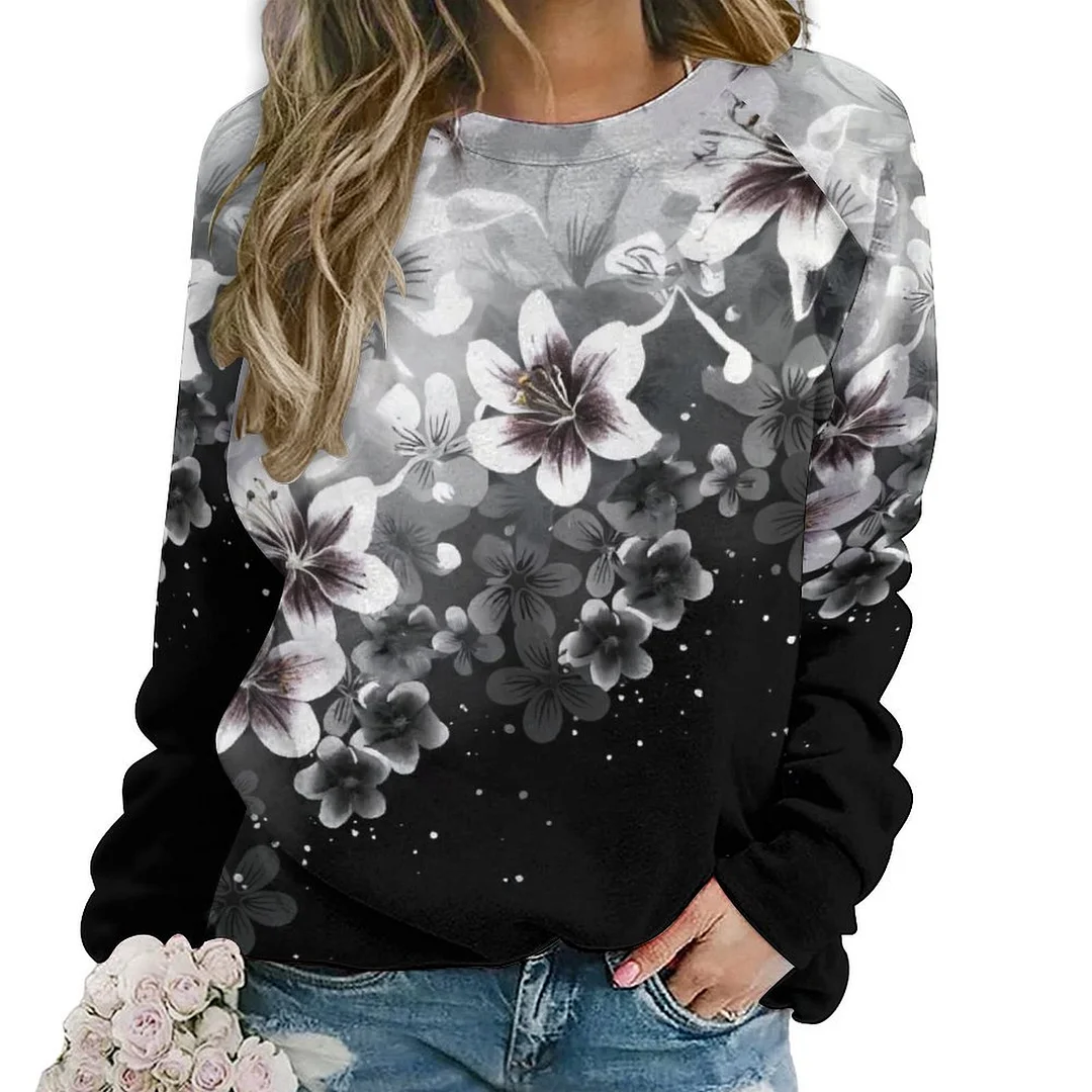 Printed Long Sleeve Casual Sweatshirt for  Women and Men Unisex Pattern Floral, Black, White