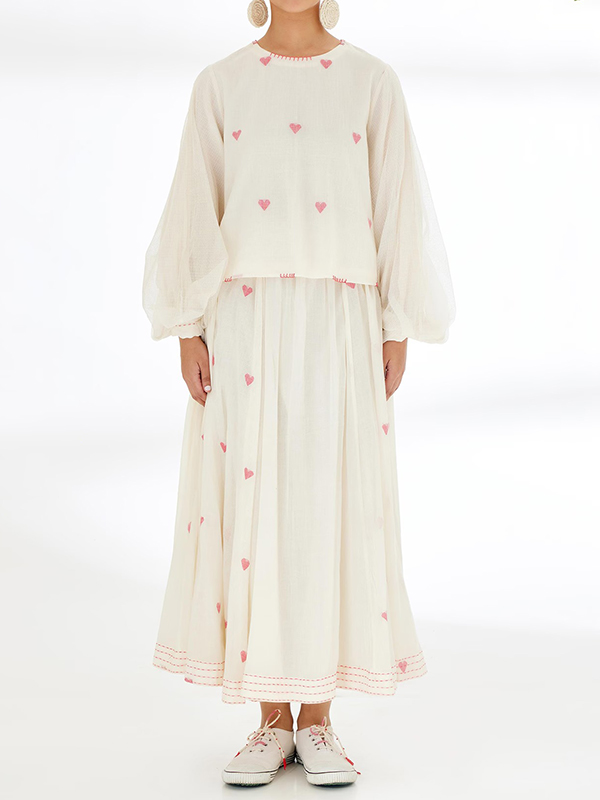 Heart Print Long Sleeve Top And A-Line Skirt Two-piece Set