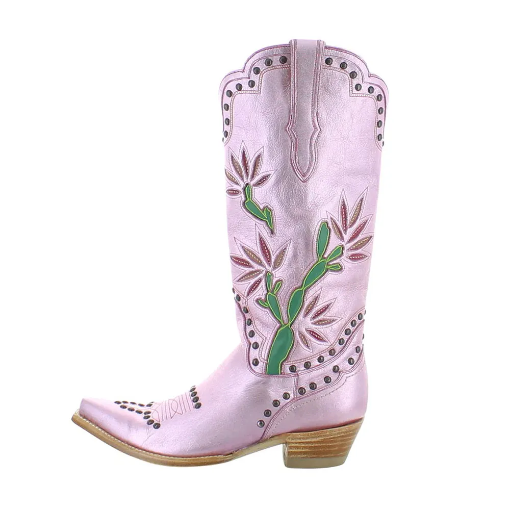 Women's Cactus Inlay Studded Snip Toe Metallic Pink Cowgirl Boots