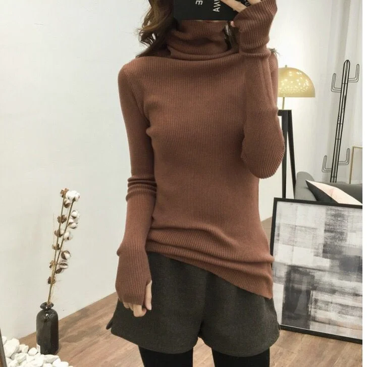 2020 Autumn Winter warm Sweater Women Knitted Ribbed Pullover Sweater Long Sleeve Turtleneck Slim Jumper Soft Warm Pull Femme