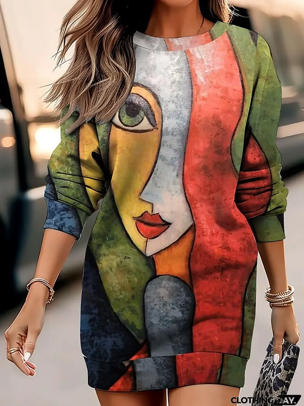 Women's Casual Dress Sweatshirt Dress Mini Dress Warm Fashion Outdoor Vacation Going out Crew Neck Print Print Loose Fit Red Orange Green S M L XL XXL