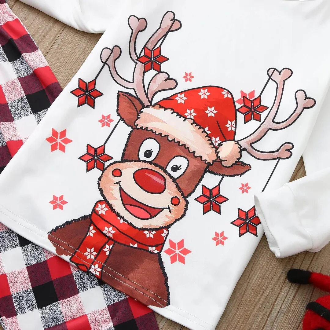 Family Matching Lovely Reindeer Wearing Christmas Hat Buffalo Plaid Pajamas Sets