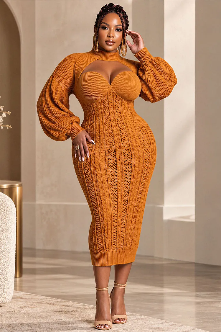 Xpluswear Design Plus Size Cocktail Party Orange Mock Neck Lantern Sleeve Long Sleeve Cut Out Crochet Midi Dresses [Pre-Order] 2024 - Xpluswear