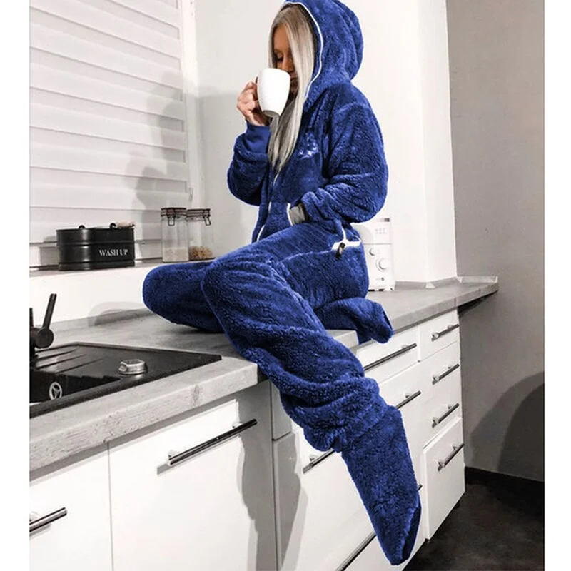Jumpsuit Women Flannel Long Sleeve Jump Suits for Woman Homewear Pajamas Romers Solid Color Ladies Hooded Jumpsuits Outfits