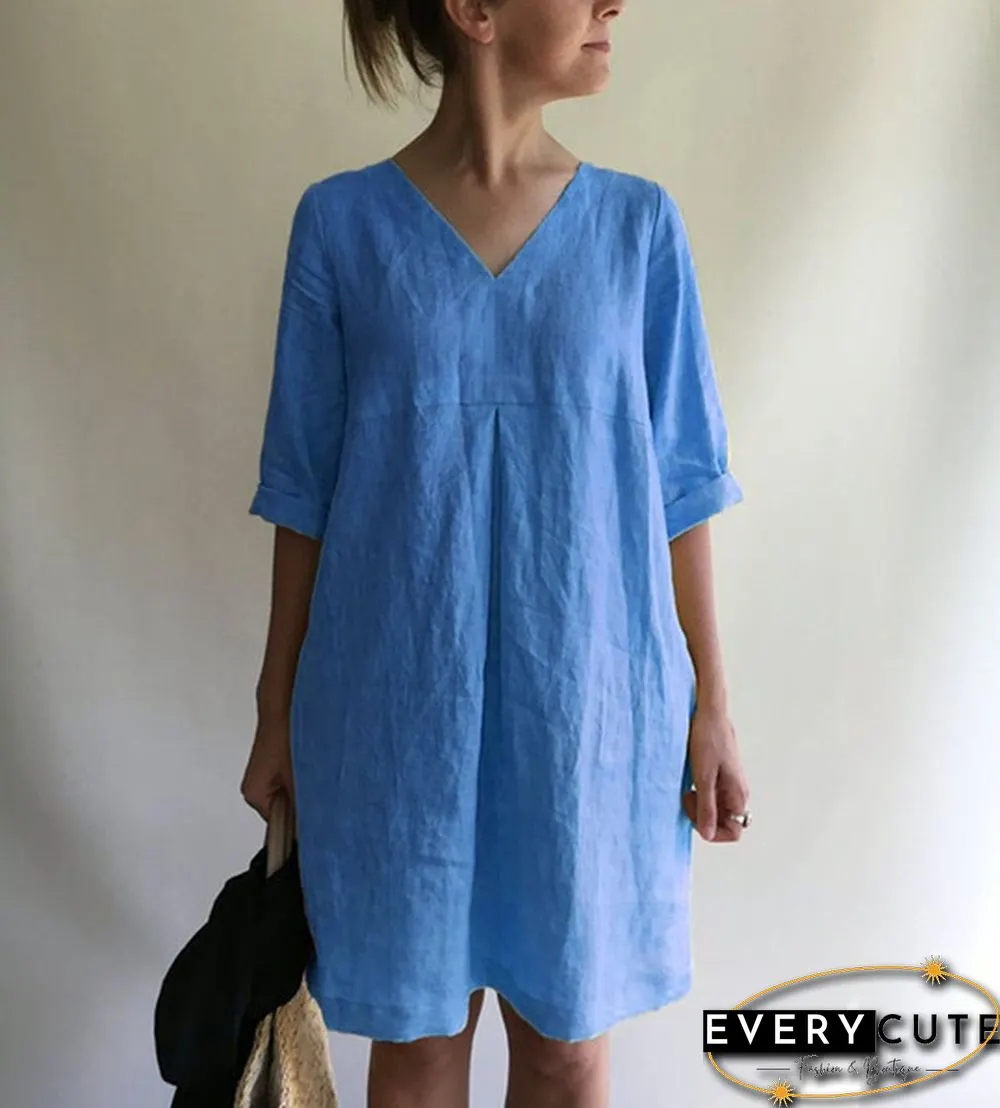 Women's Fashion Loose Tunic Dress Casual V-neck Solid Color Dress Boho Dress