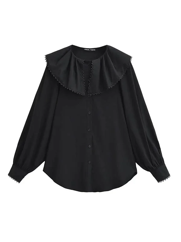 Pleated See-Through Solid Color Split-Joint Loose Puff Sleeves Peter Pan Collar Blouses&Shirts Tops
