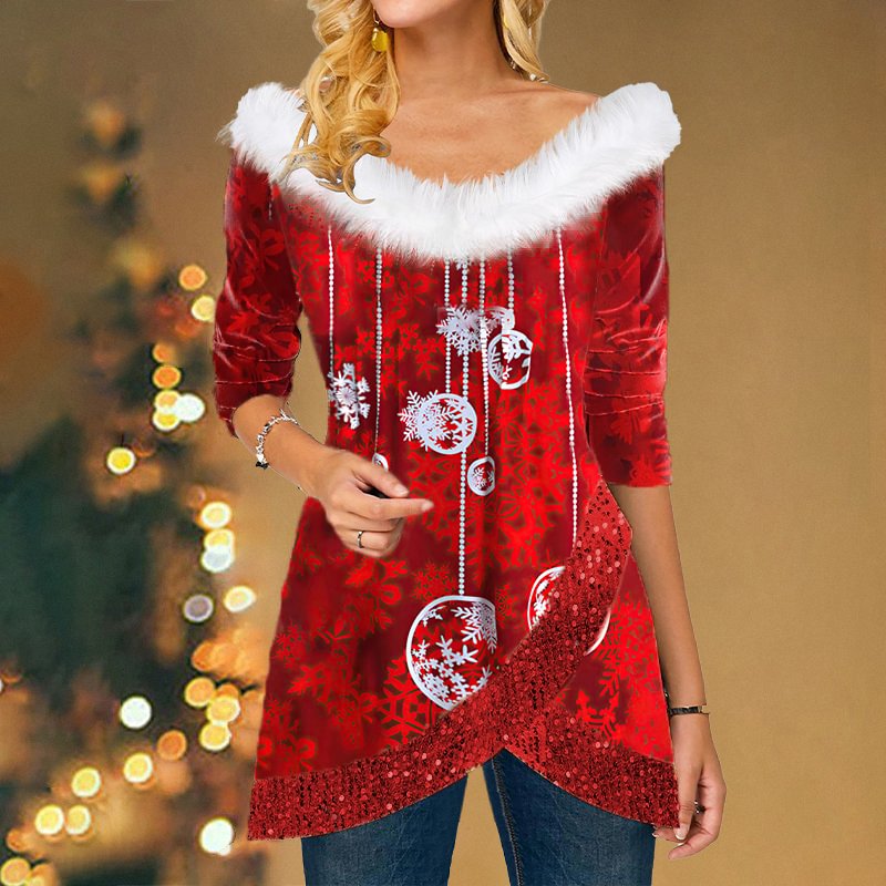 Irregular Christmas Snowflake Printed Women's Tops