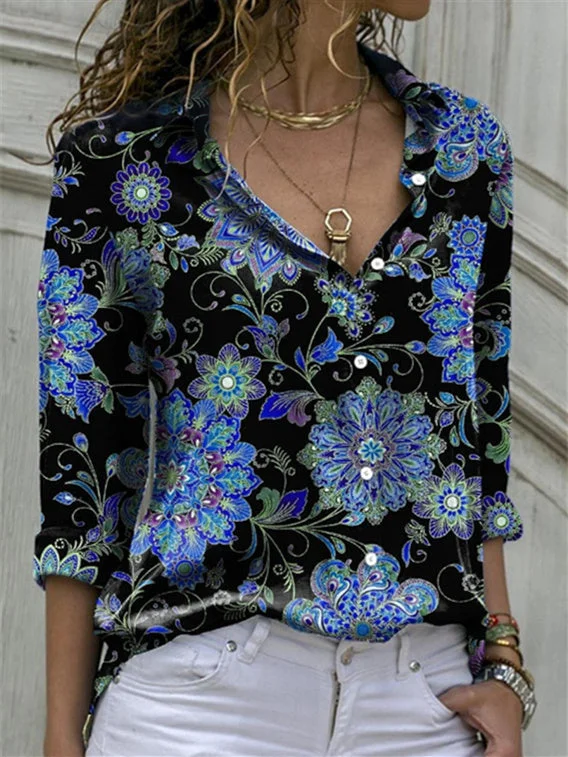 Women's Long Sleeve V-neck Floral Printed Top