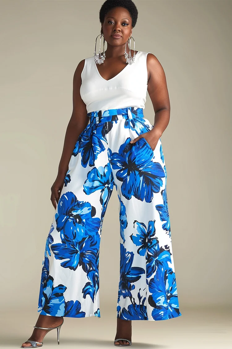 Flycurvy Plus Size Daily Casual Blue Floral Print High Waist Pocket Pants  Flycurvy [product_label]