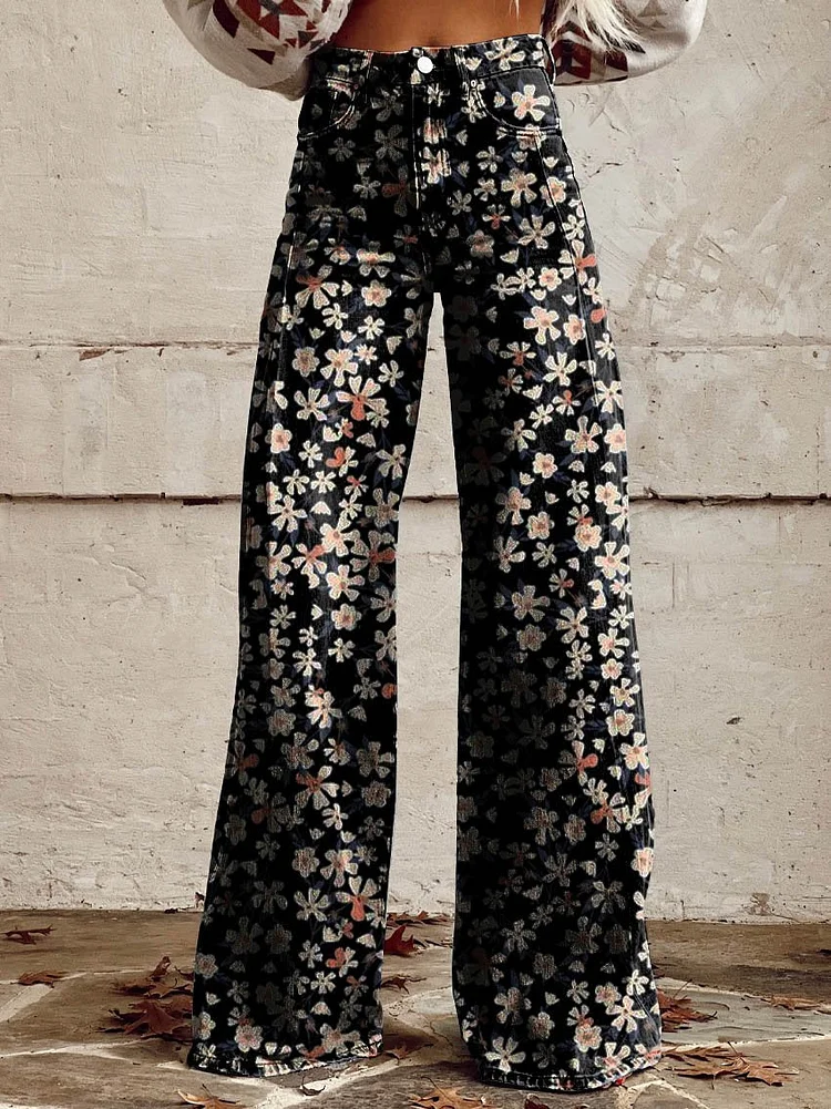 Women's Black Flower Print Casual Wide Leg Pants