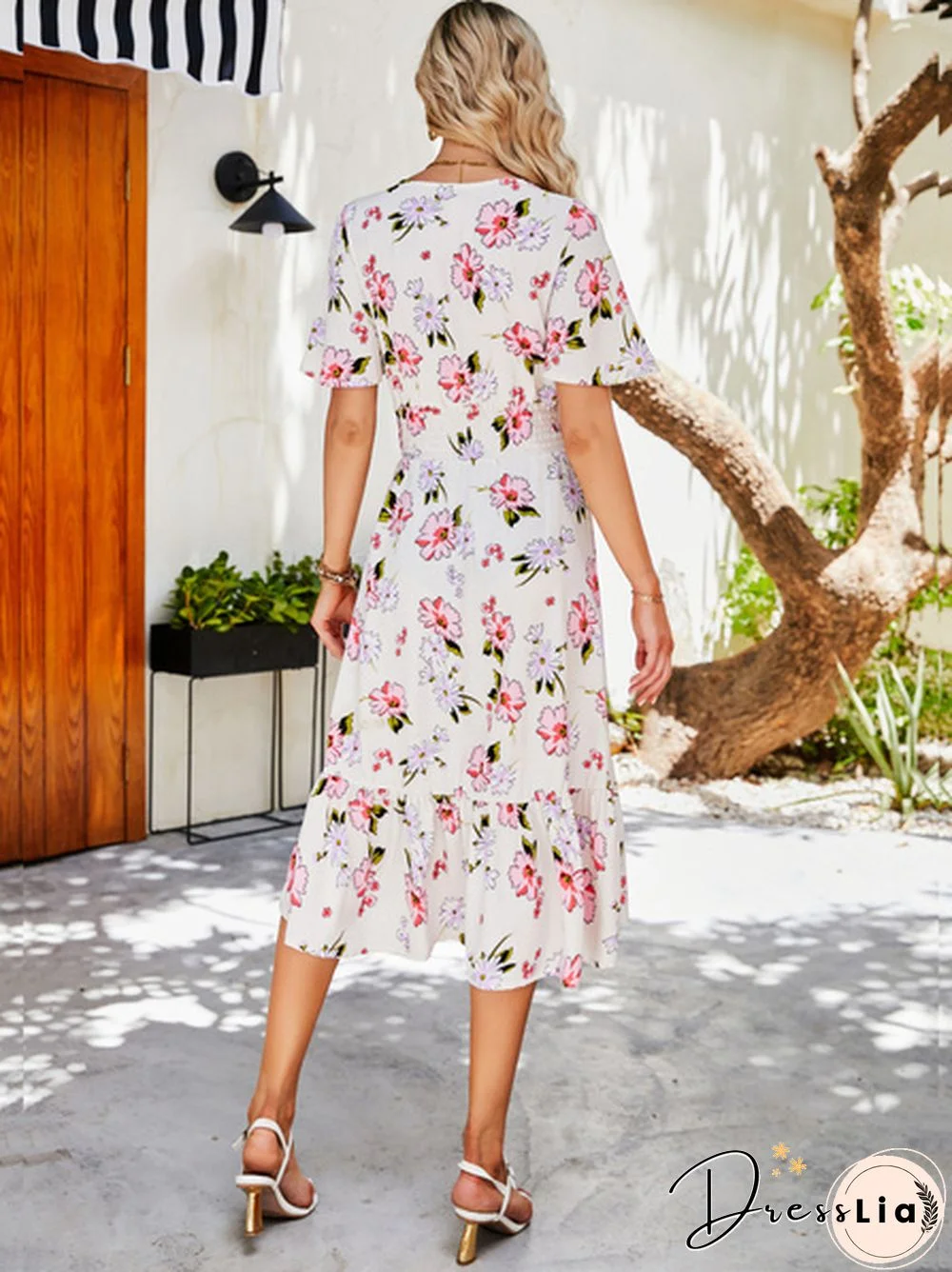 Disty Floral Smocked Elastic Waist Ruffle Hem Dress