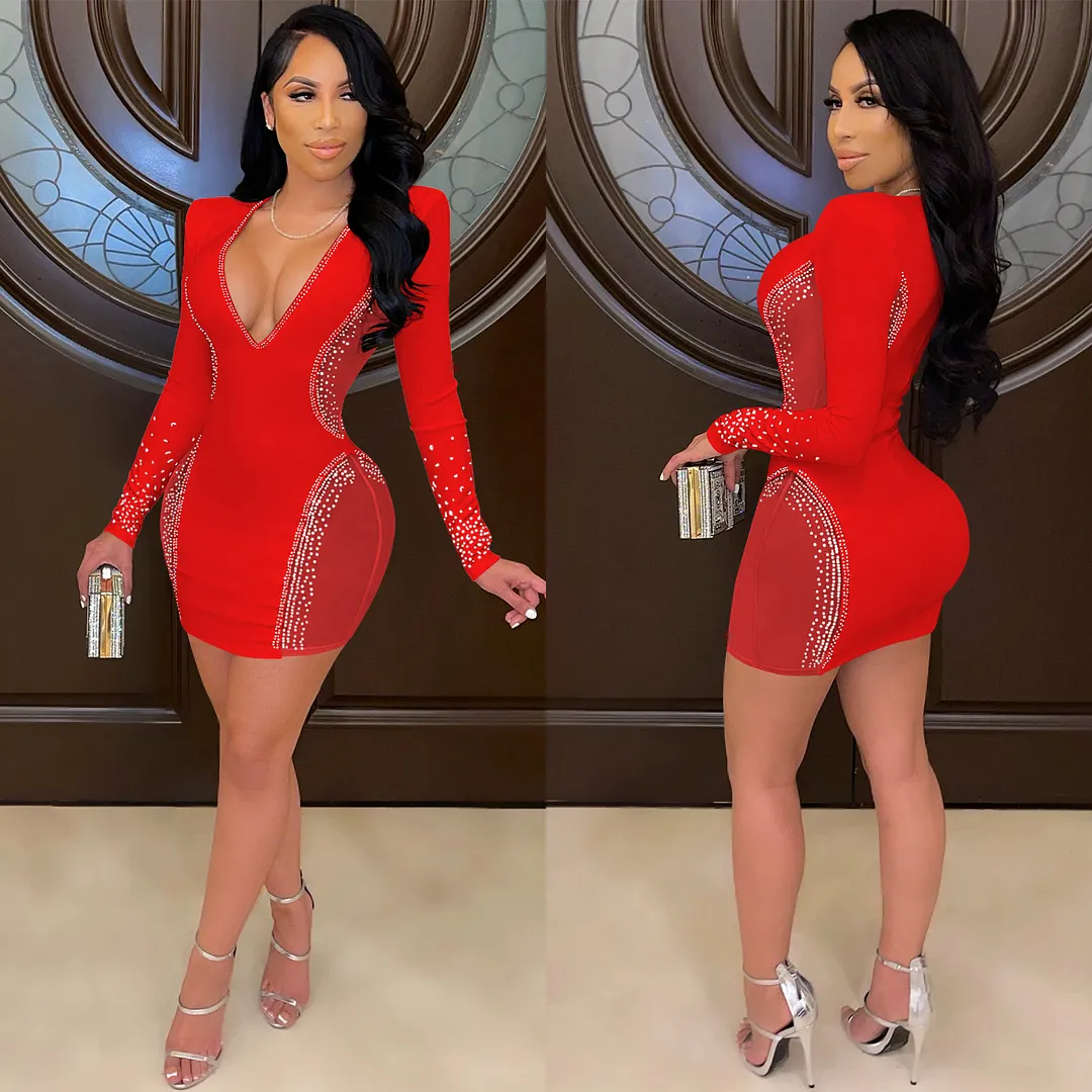 Churchf Churchf Fashion New Wish Sexy Deep V Nightclub Evening Dress Hot Drill Perspective Middle Skirt