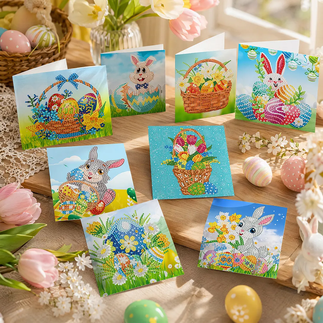 8PCS Easter Egg Rabbit DIY Diamond Painting Greeting Card Kits with Envelopes Diamond Art Greeting Cards Diamond Art Cards Kits for Adults DIY Crafts Family Friend Gifts