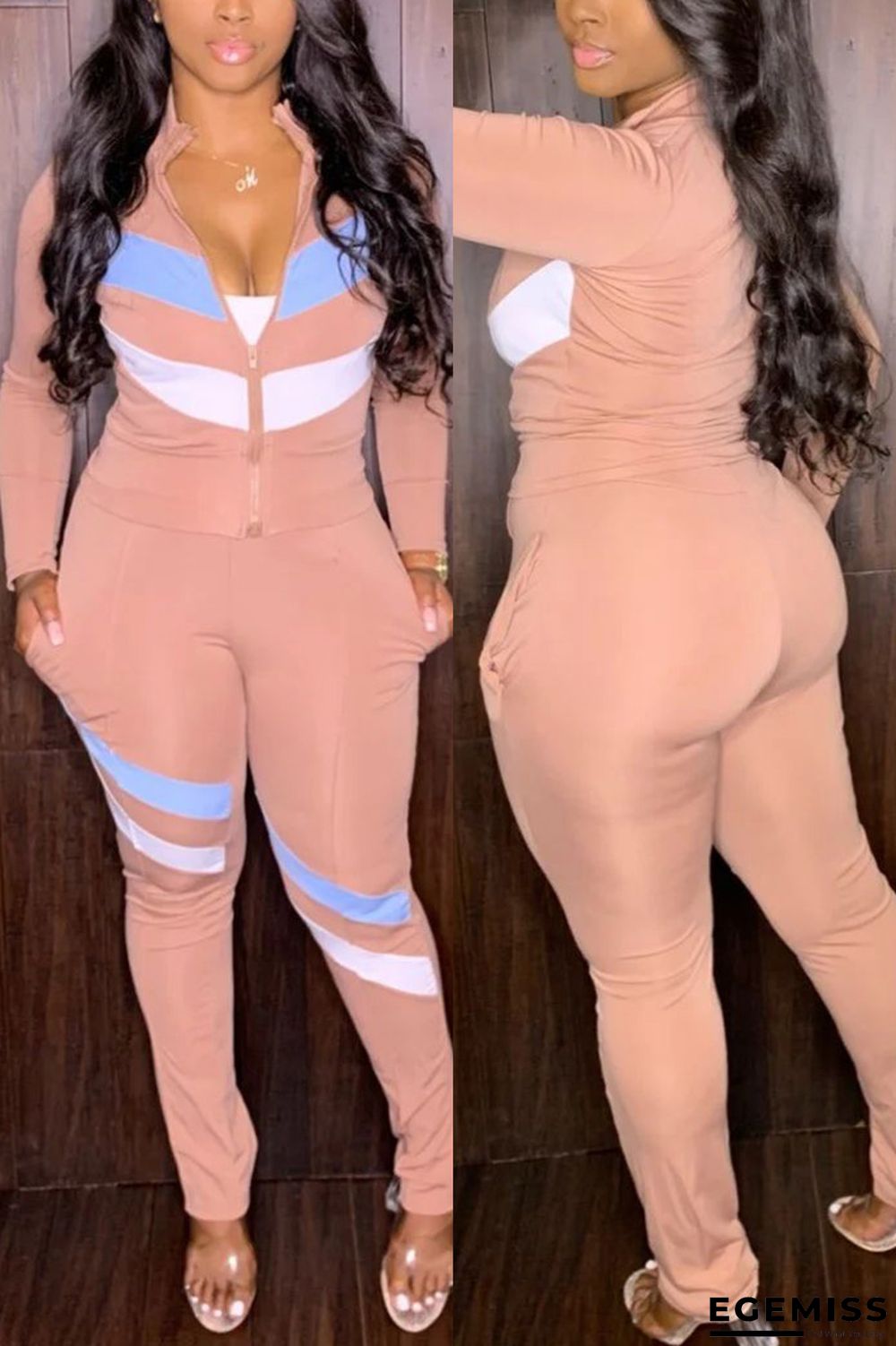 Apricot Casual Sportswear Patchwork Patchwork Zipper Collar Long Sleeve Two Pieces | EGEMISS