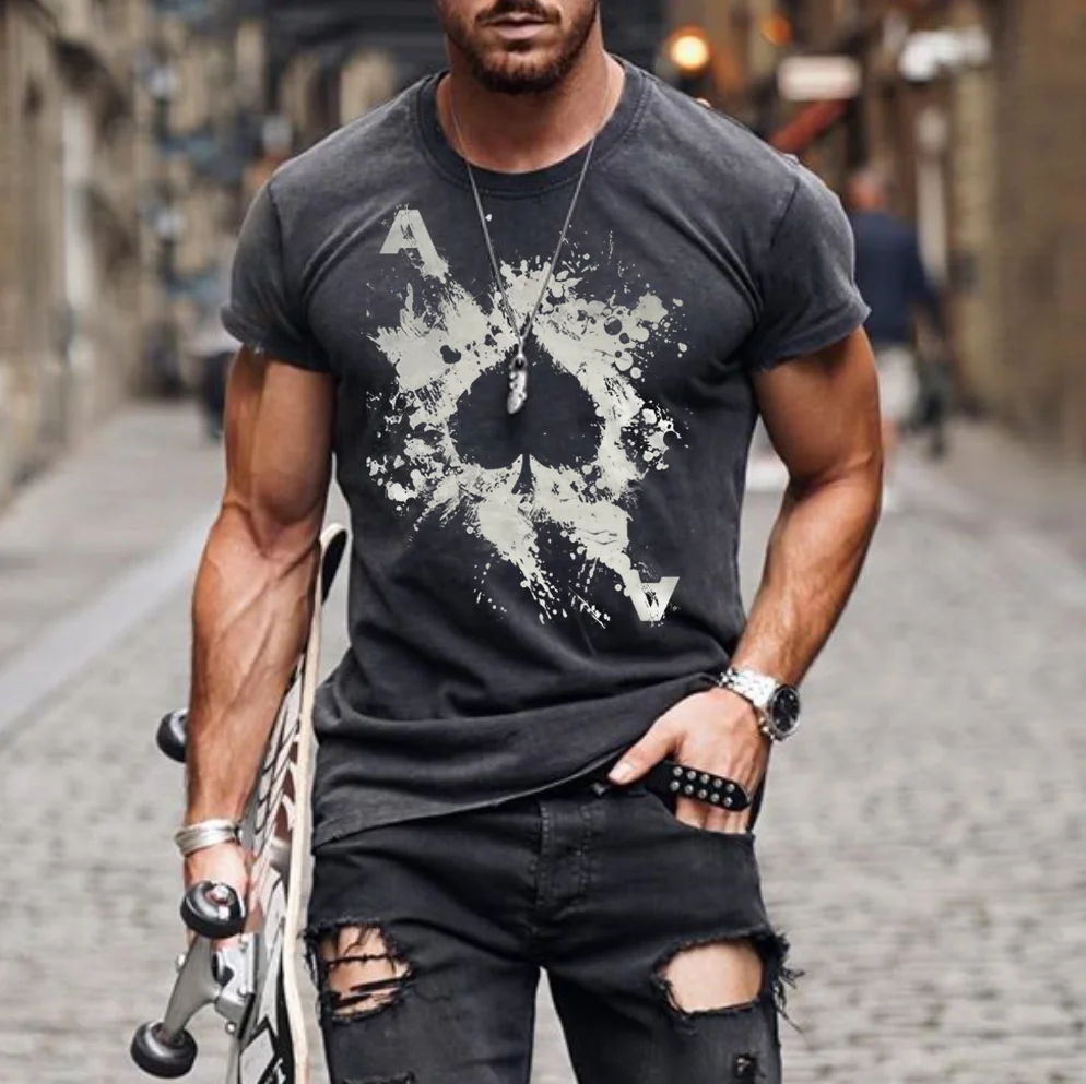 Mens Fashion Washed Poker Print T-Shirt