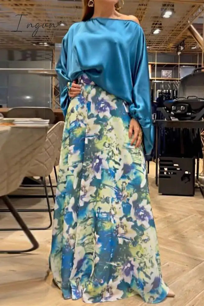 Celebrities Elegant Floral Oblique Collar Long Sleeve Two Pieces Blue / S Pieces/Two-Piece Dress