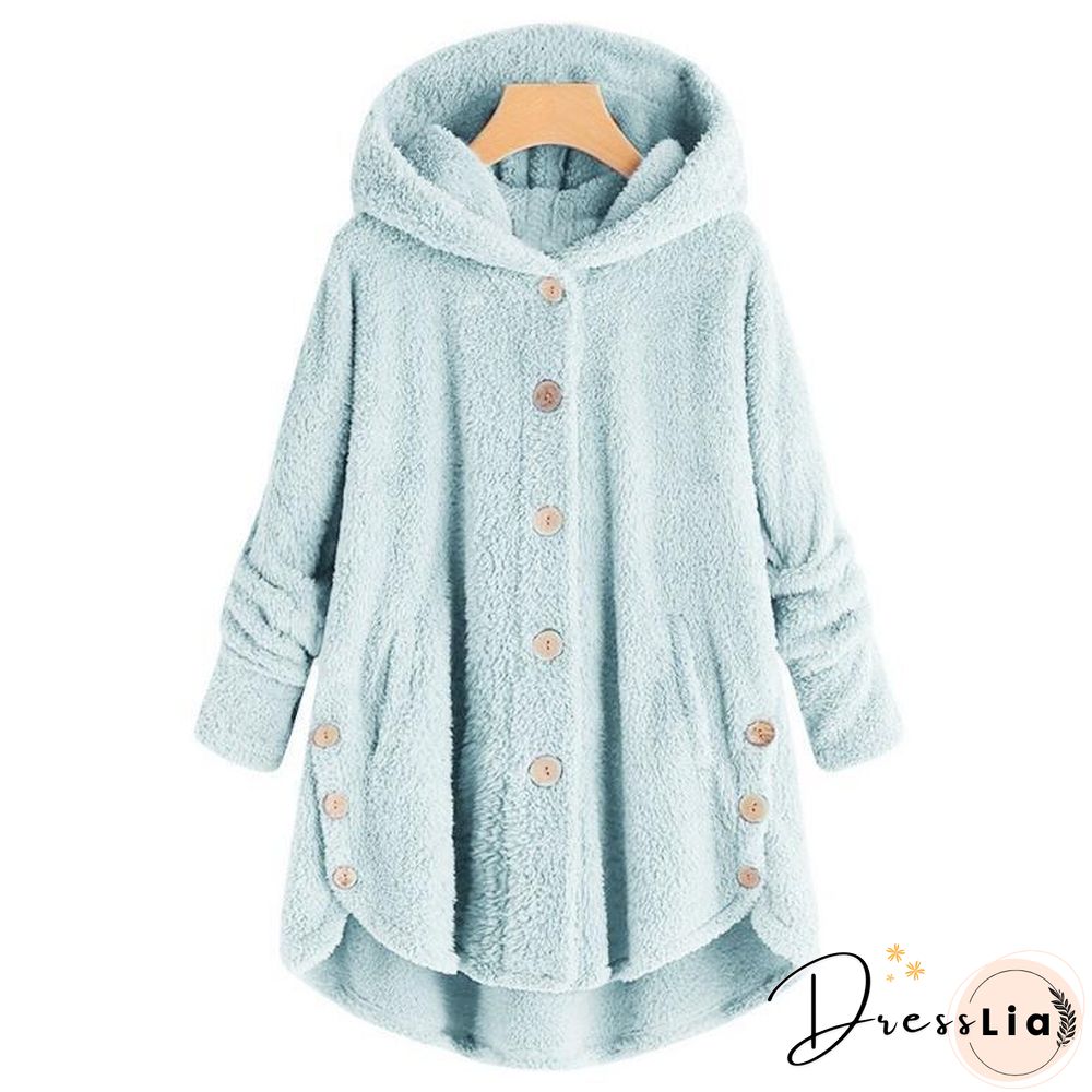 Button Solid Color Warm Coat With Hood