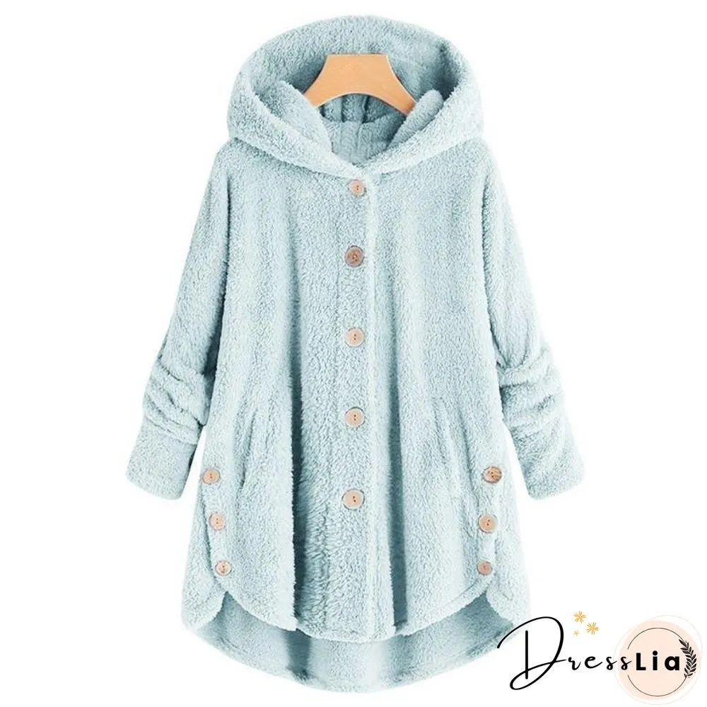 Button Solid Color Warm Coat With Hood