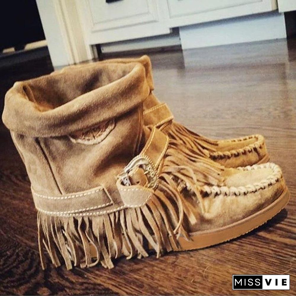Women's Fringe Round Toe Retro Boots