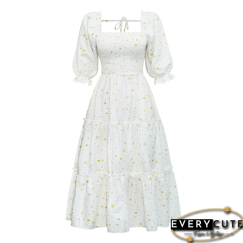 White Square Collar Pleated 1/2 Sleeve Floral Dress