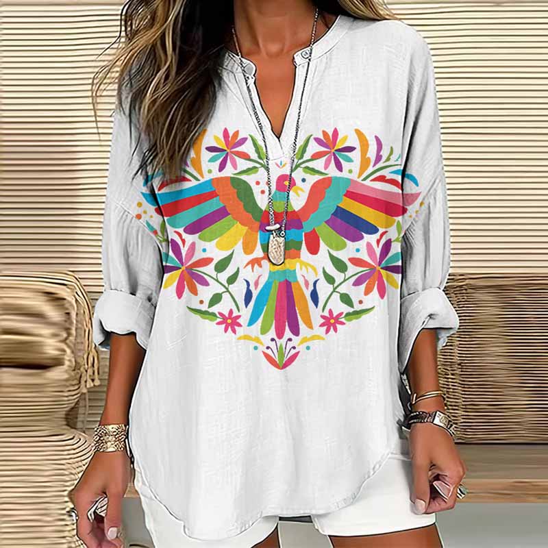 Comstylish Women's Floral And Bird Art Print Cotton And Linen Long Sleeve Shirt
