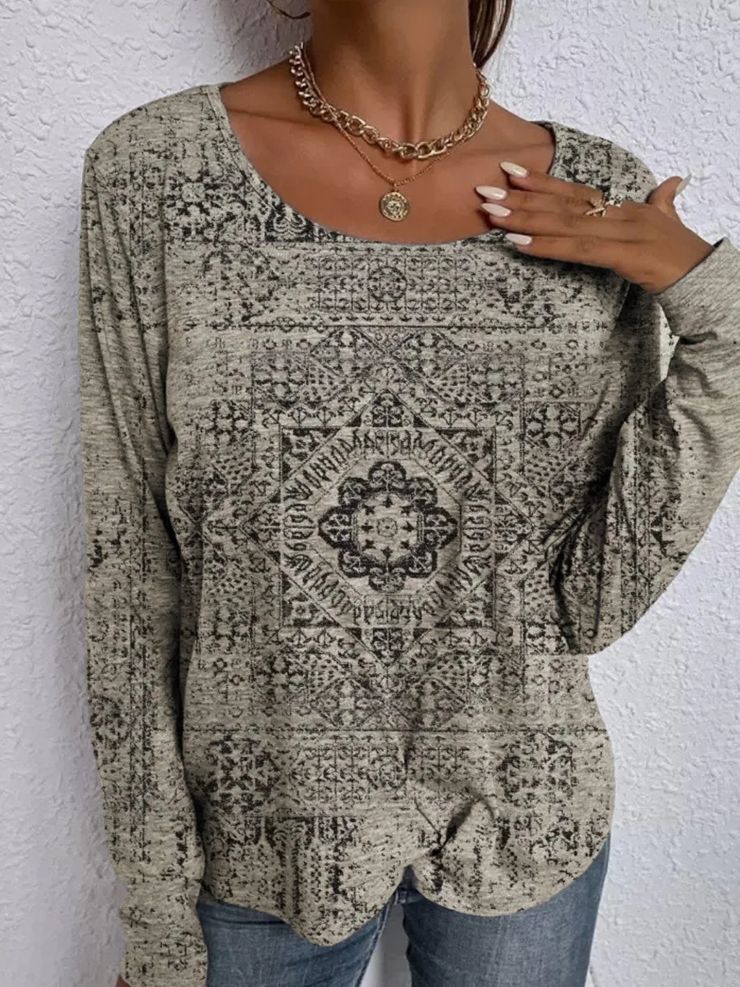 Crew Neck Casual Long Sleeve Printed Shirts & Tops