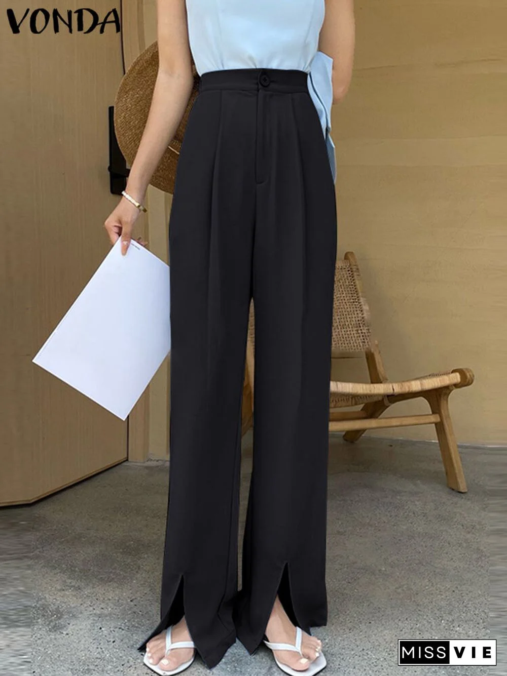 Solid Split Hem High Waist Pleats Full Length Pants