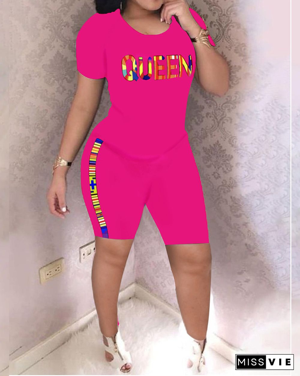 Casual O Neck T Shirt Biker Shorts Tracksuits