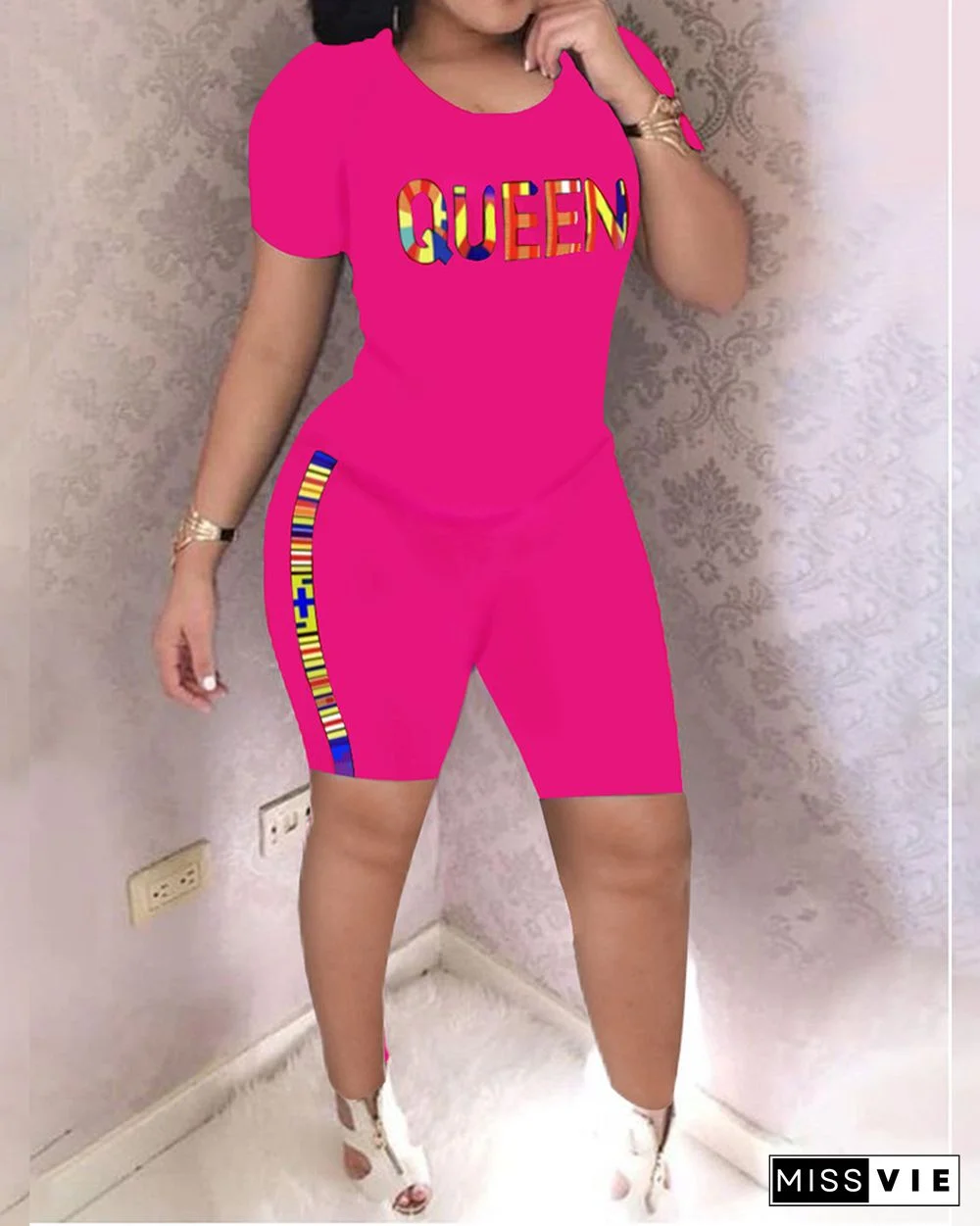 Casual O Neck T Shirt Biker Shorts Tracksuits