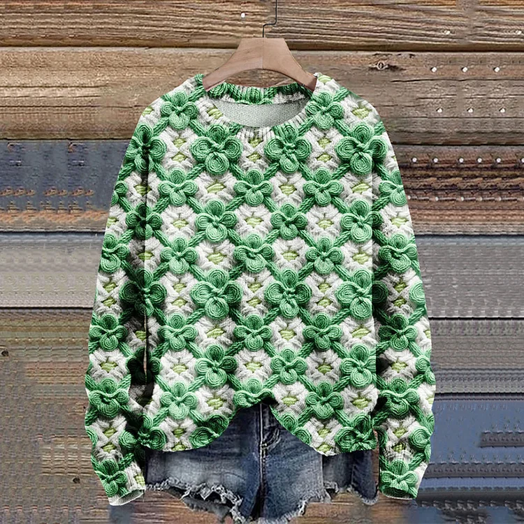 VChics St. Patrick's Day Four Leaf Clover Print Knit Pullover Sweater