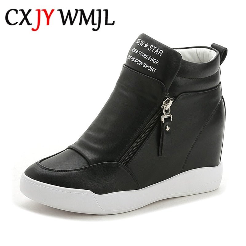 Women Casual Sneakers White PU Platform Shoes Ladies Wedge Sports Shoe Fashion Woman  Black Chunky Side Zipper Vulcanized Shoes