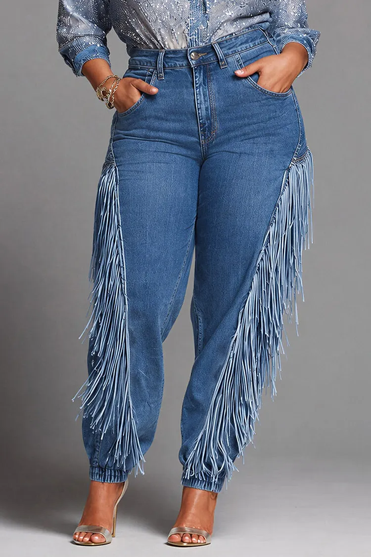 Xpluswear Design Plus Size Party Blue Strappy Jogging Denim Jeans [Pre-Order] 2024 - Xpluswear