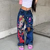 Women's Long High-Waisted Jeans With Ripped Edges And Fashionable Red Lips Printed Wide-Leg Pants by Inlyline