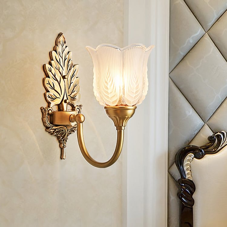 Golden Leaf Wall Sconce Light Antique Style Metal 1/2-Light Bedroom Wall Lamp with Frosted Glass Bell Shade