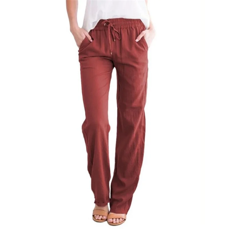 Summer Women's Cotton Linen Drawstring Loose Wide-Leg Pants Hot Sale Long Trousers With Pocket