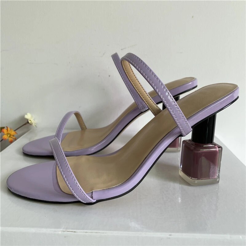 VCSHOES Patent Leather Narrow Band Mules Slingbacks Open Toe Nail-Polish Heel Sandals Women