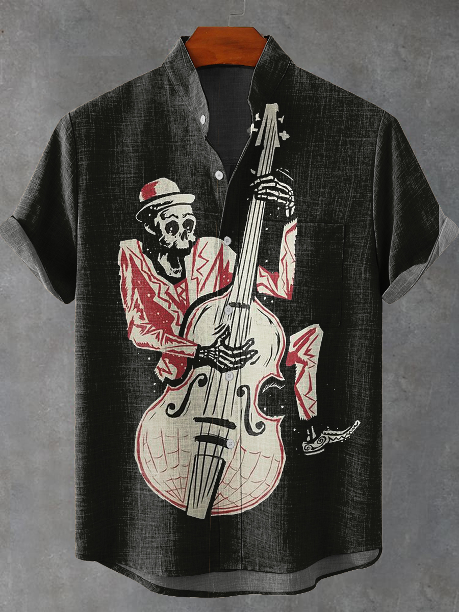 Vintage Abstract Skull Music Painting Art Print Casual 100% Cotton Shirt