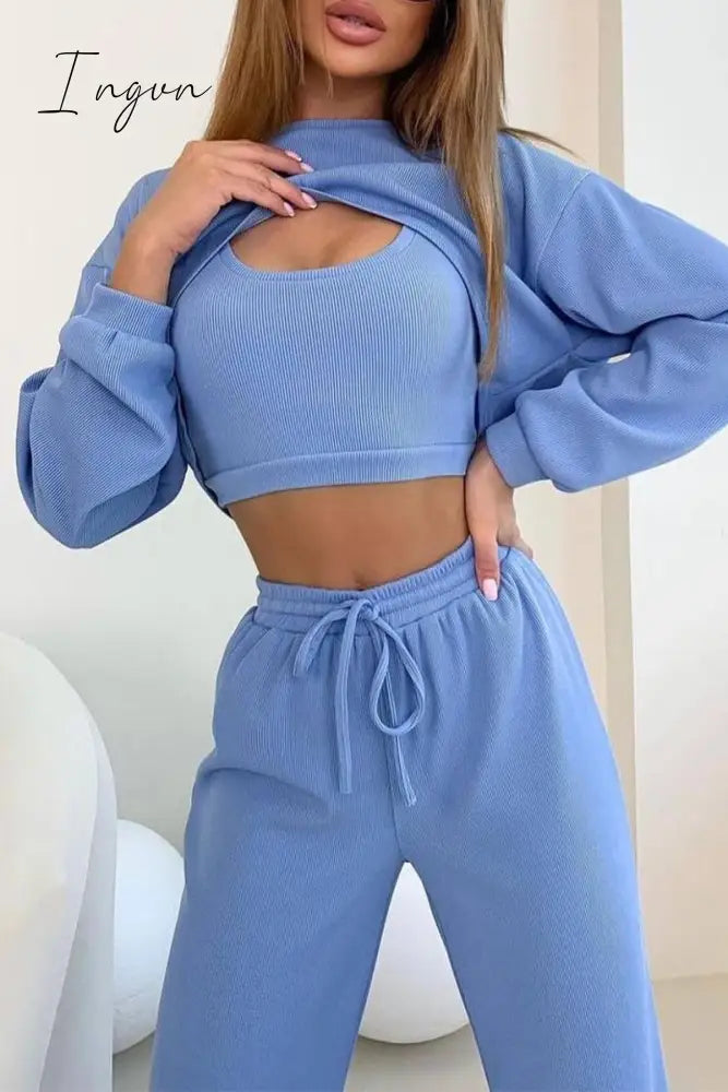 Ingvn - Casual Solid Asymmetrical O Neck Long Sleeve Three Pieces Blue / S Two Pieces/Two-Piece