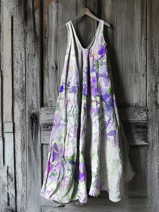 Women's Alzheimer's Purple Floral Linen Blend Tank Dress 